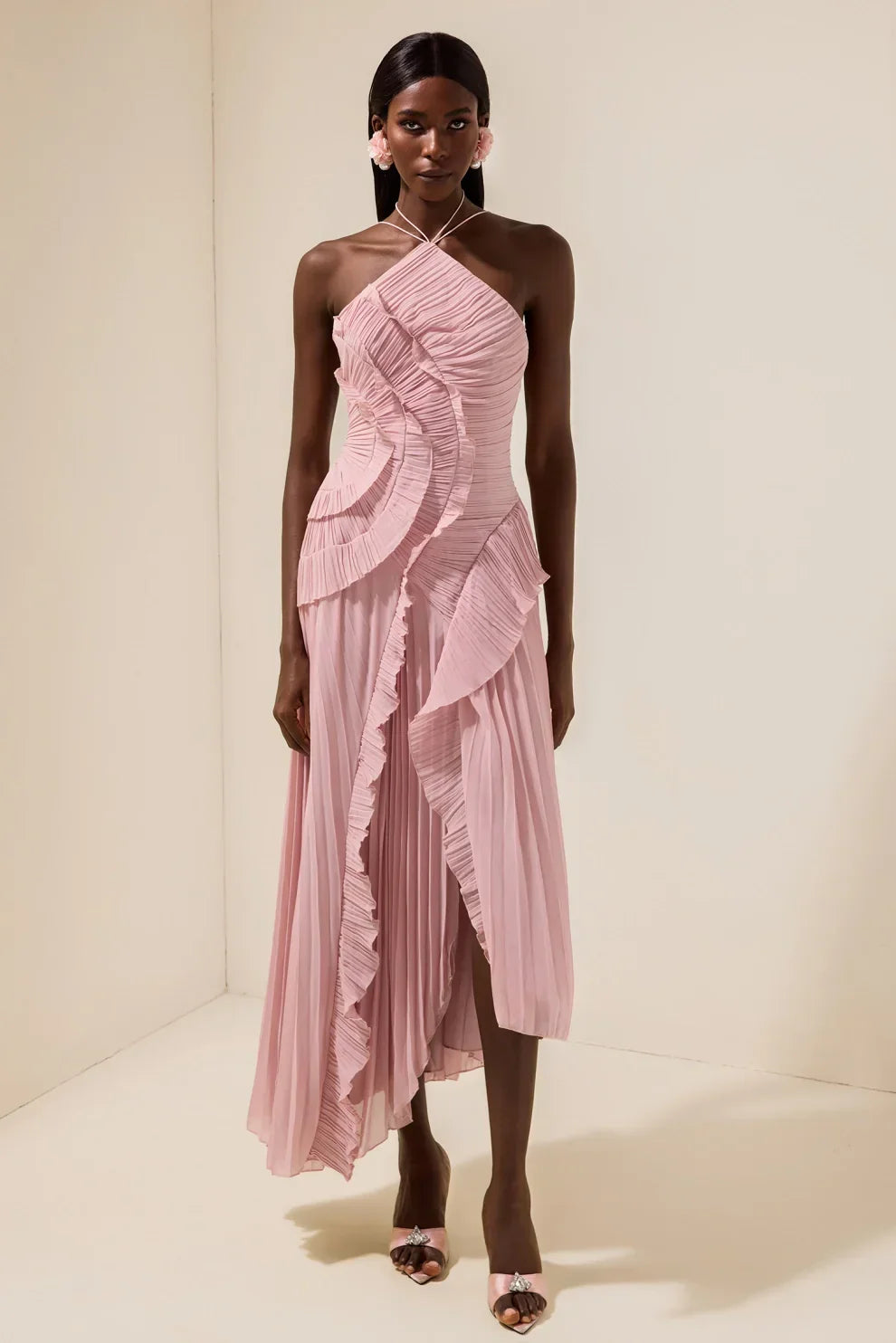 Pleated Frill Halter Neck Midi Dress