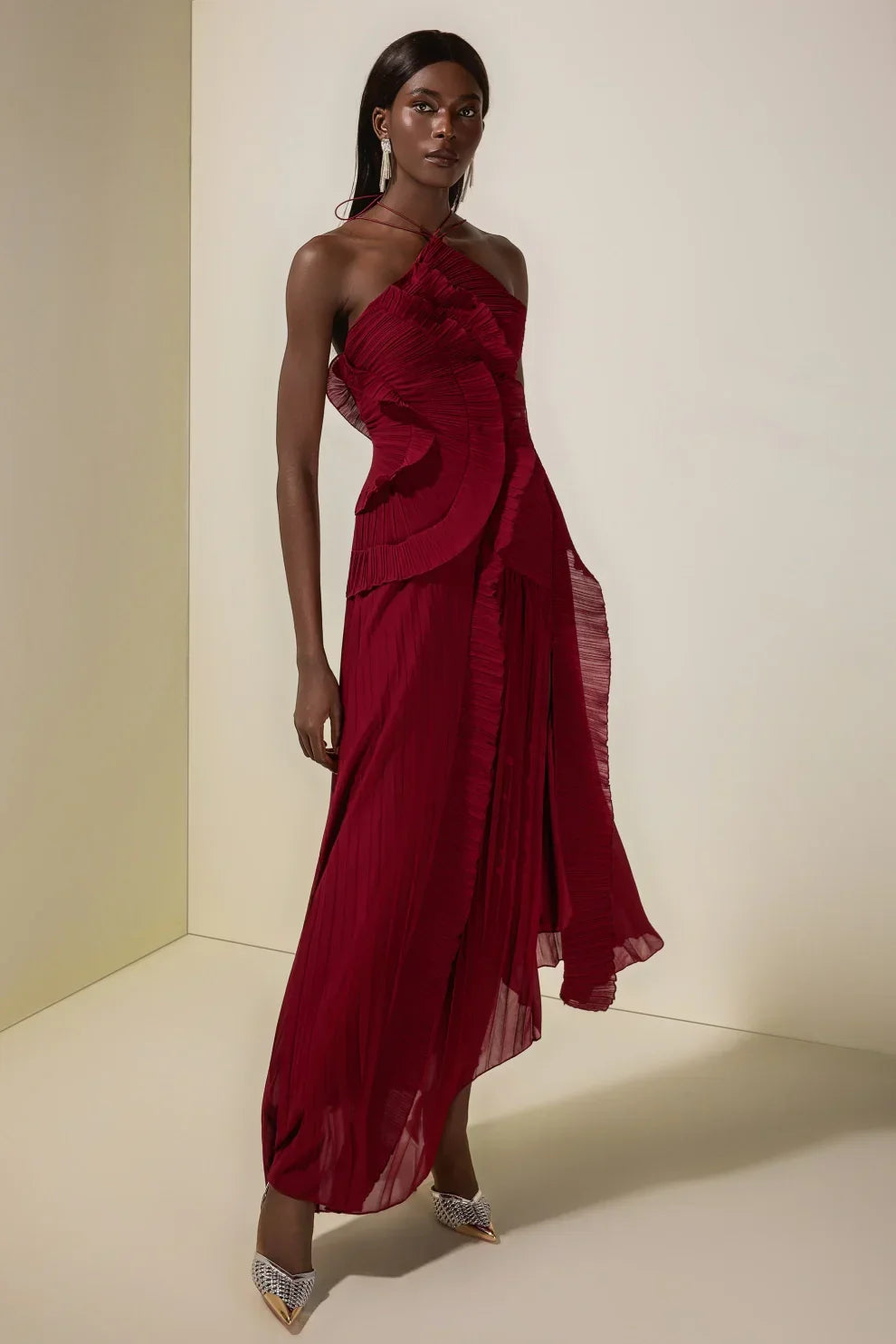 Pleated Frill Halter Neck Midi Dress