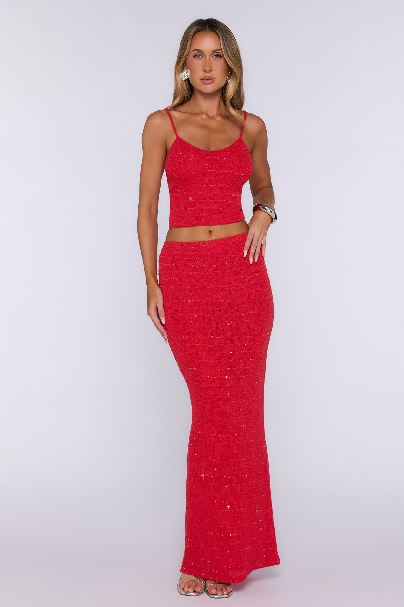 Raised Glasses Sequin Knit Crop Top - Red
