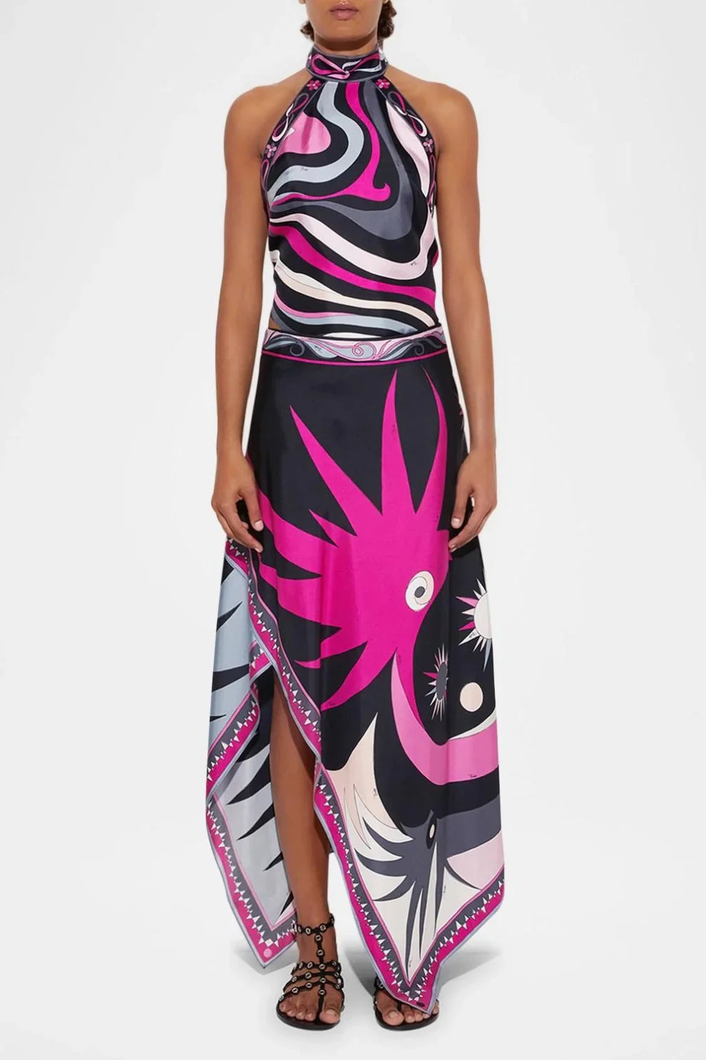 Satin Halter Neck Mini Top & Scarf Print Mid Waist Midi Skirt Set