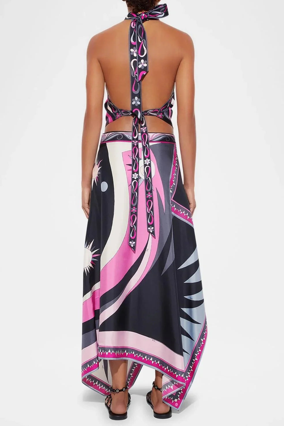 Satin Halter Neck Mini Top & Scarf Print Mid Waist Midi Skirt Set