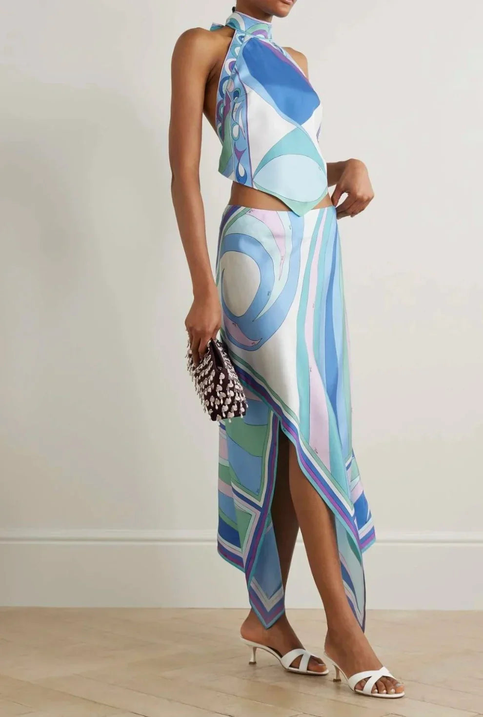 Satin Halter Neck Mini Top & Scarf Print Mid Waist Midi Skirt Set