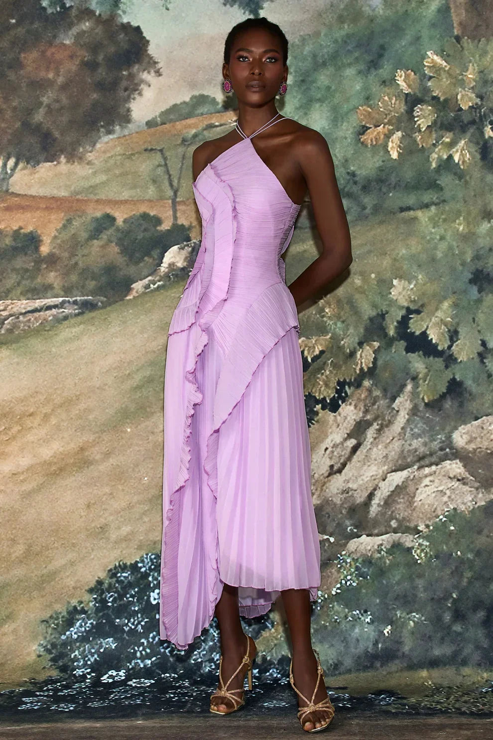 Pleated Frill Halter Neck Midi Dress