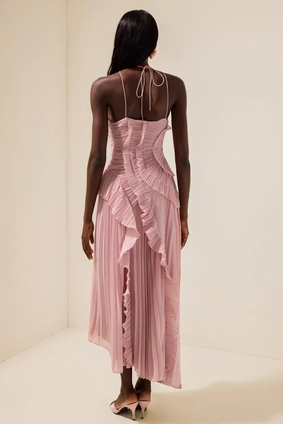 Pleated Frill Halter Neck Midi Dress