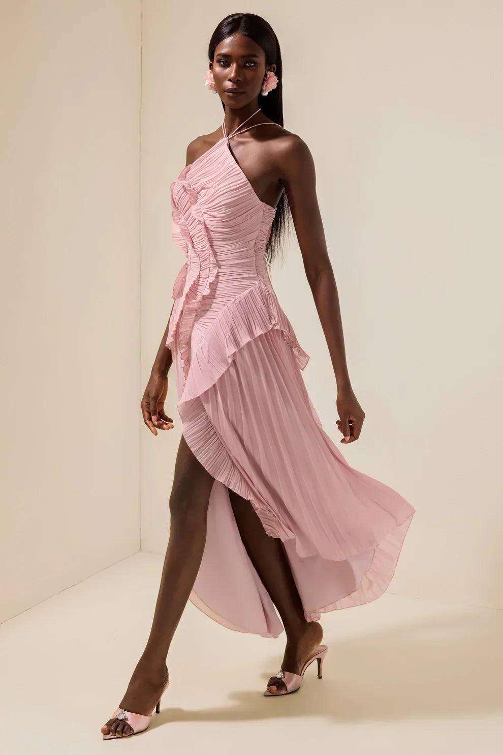 Pleated Frill Halter Neck Midi Dress