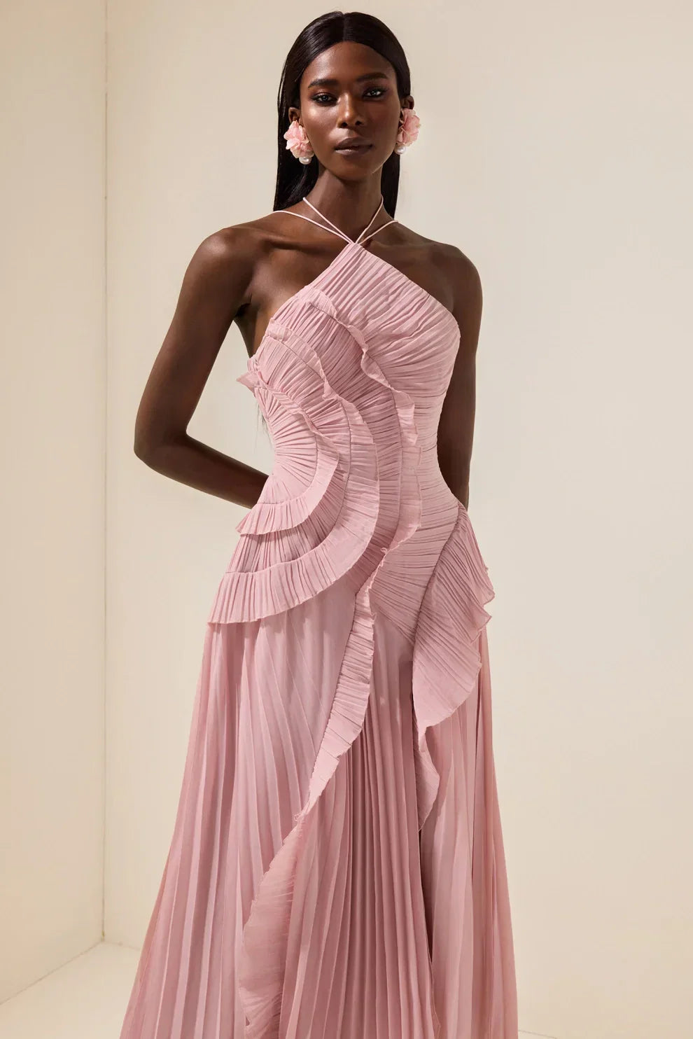 Pleated Frill Halter Neck Midi Dress
