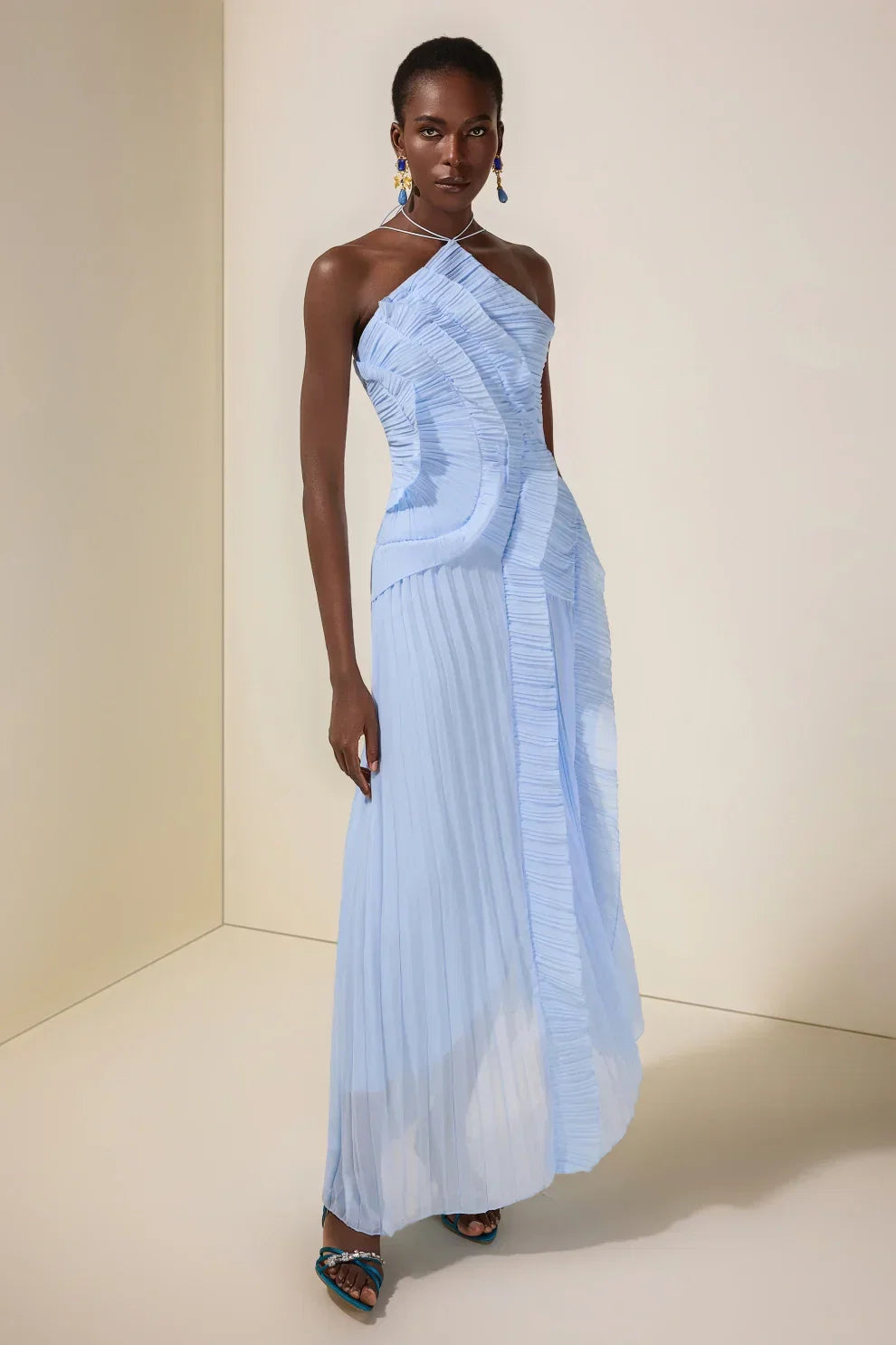 Pleated Frill Halter Neck Midi Dress