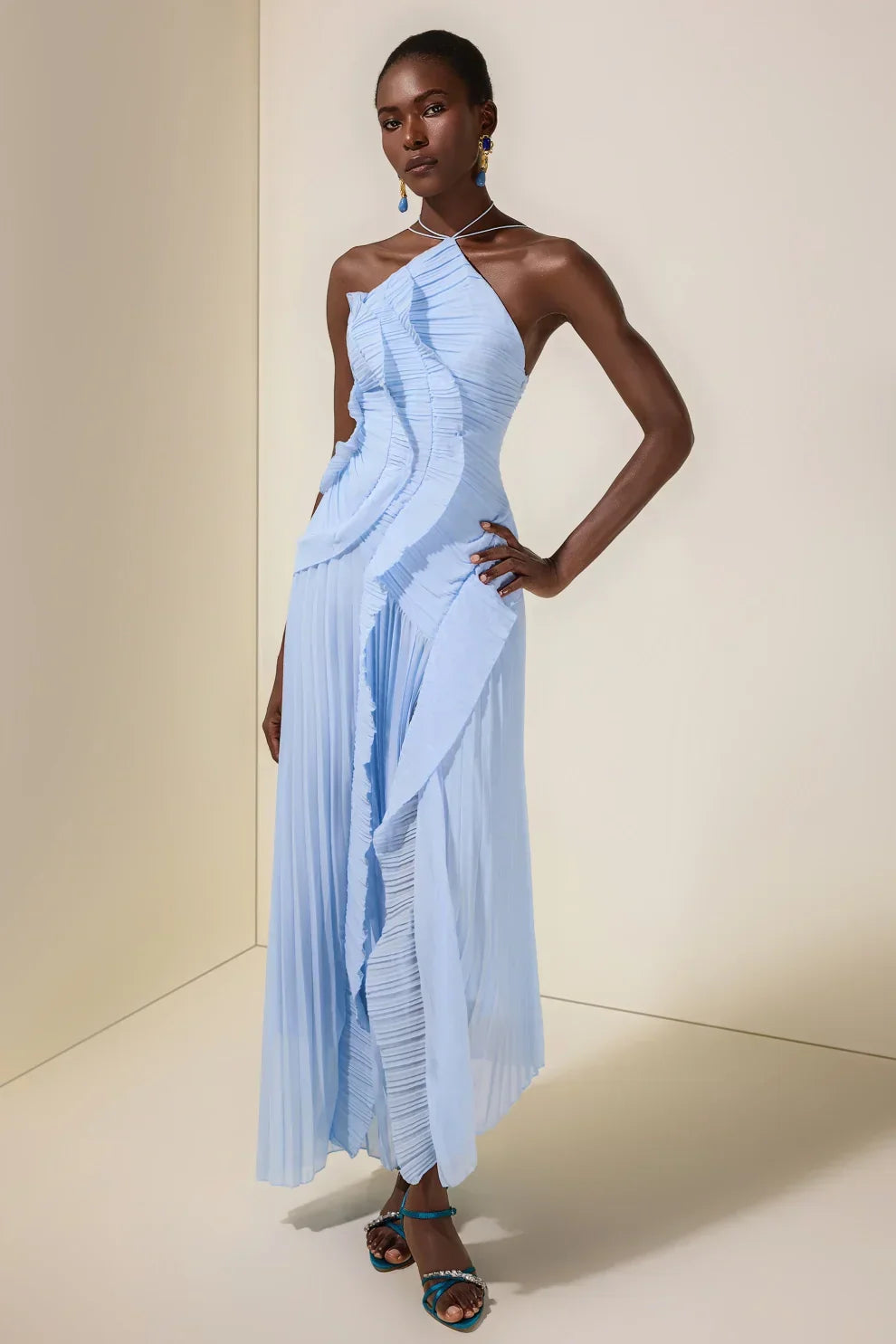 Pleated Frill Halter Neck Midi Dress