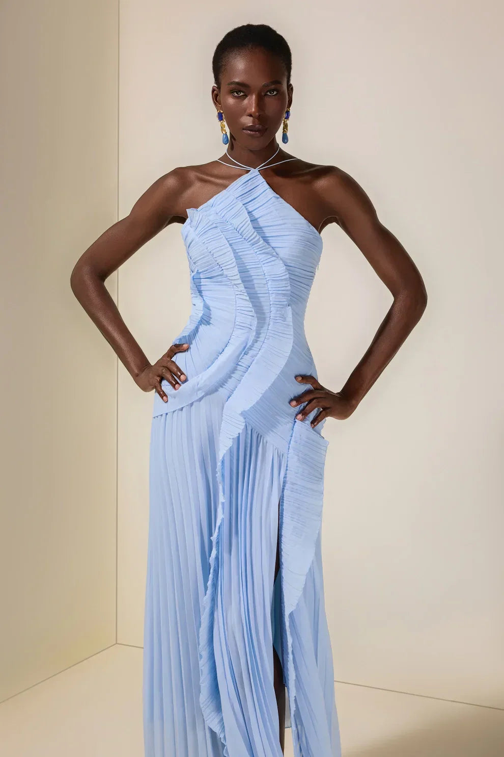 Pleated Frill Halter Neck Midi Dress