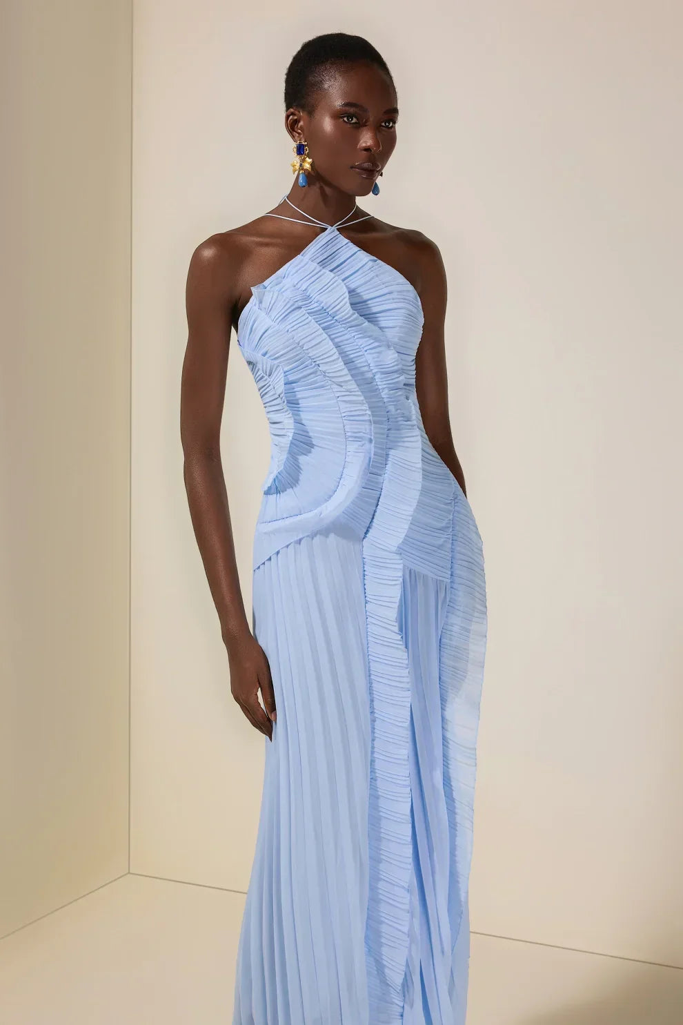 Pleated Frill Halter Neck Midi Dress