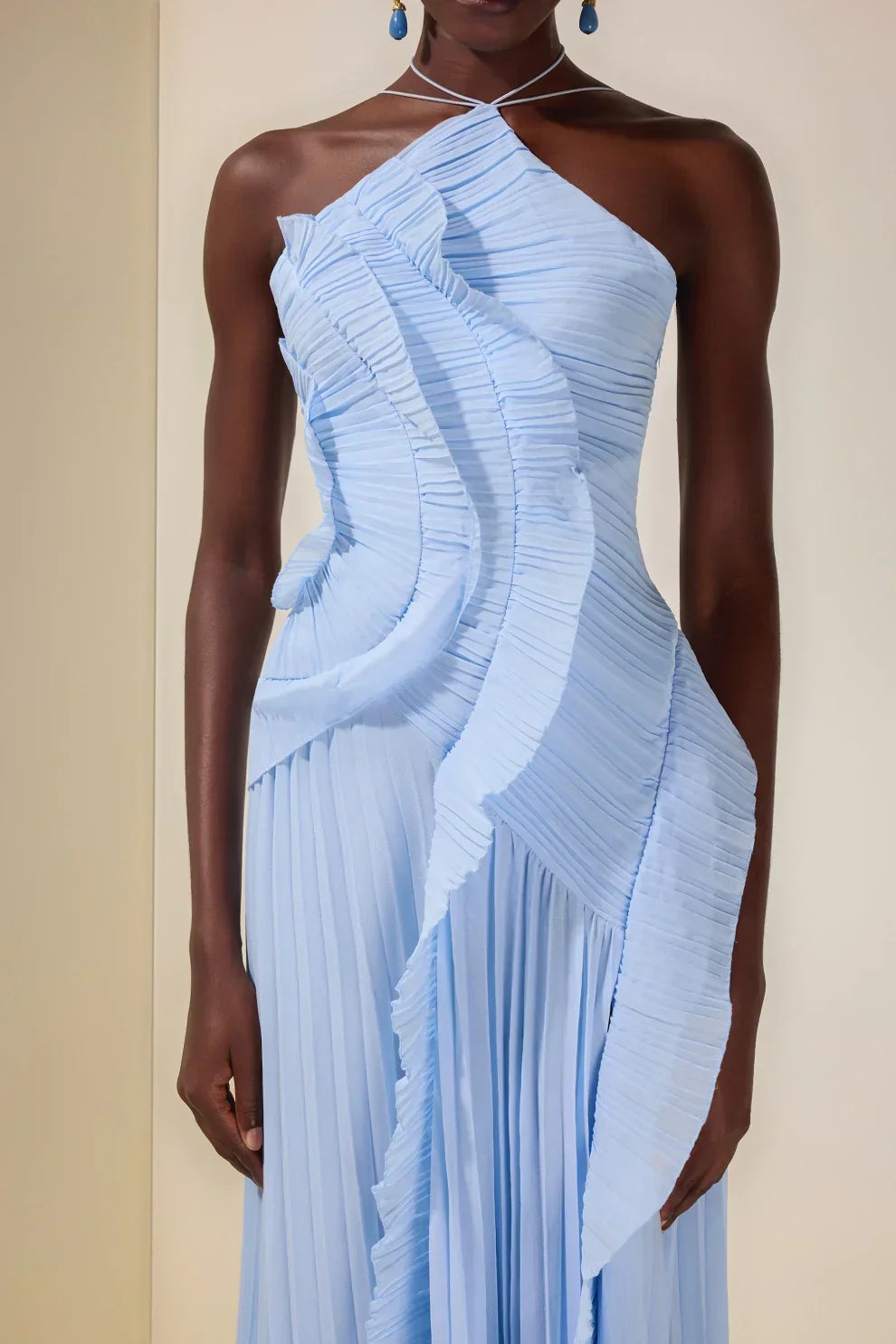 Pleated Frill Halter Neck Midi Dress