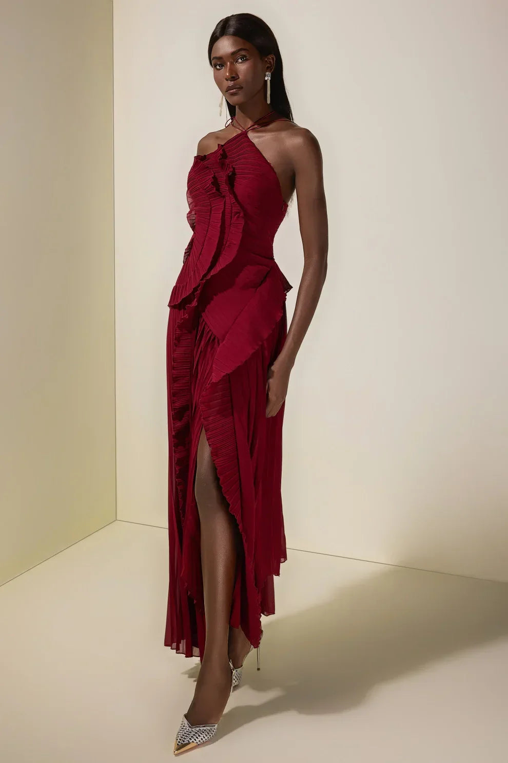 Pleated Frill Halter Neck Midi Dress