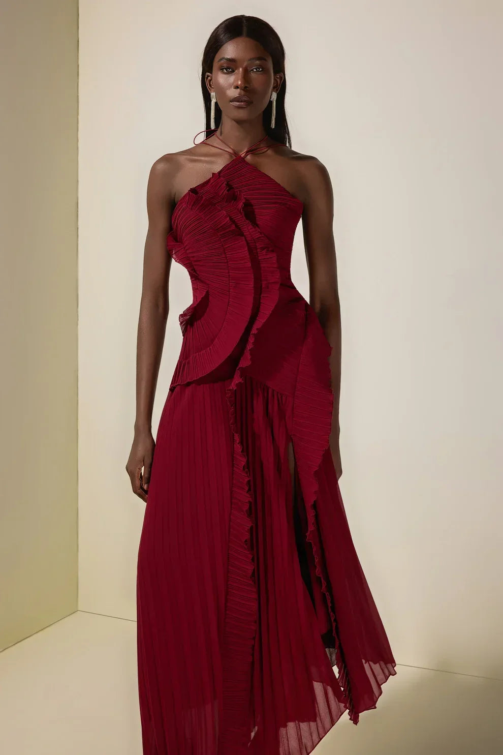 Pleated Frill Halter Neck Midi Dress