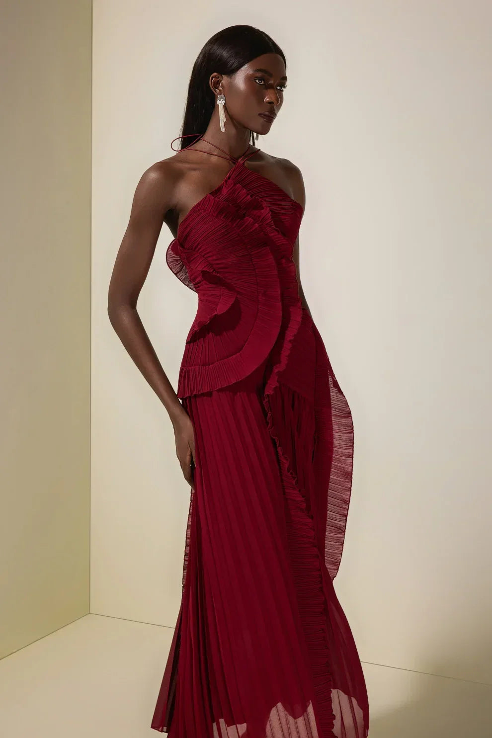 Pleated Frill Halter Neck Midi Dress