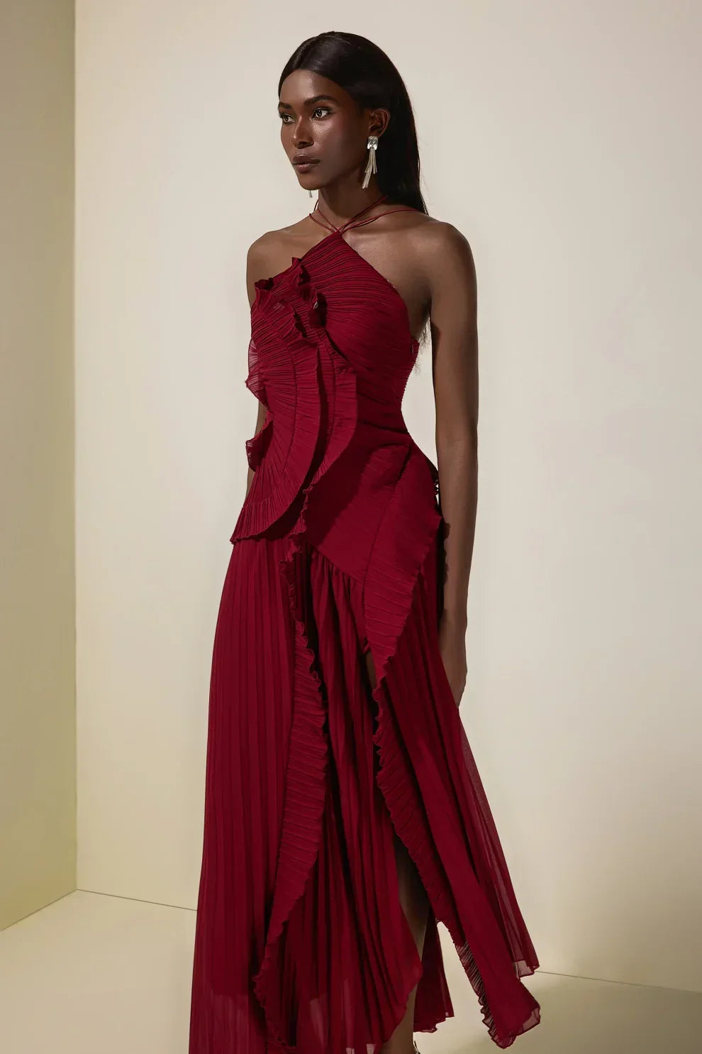Pleated Frill Halter Neck Midi Dress