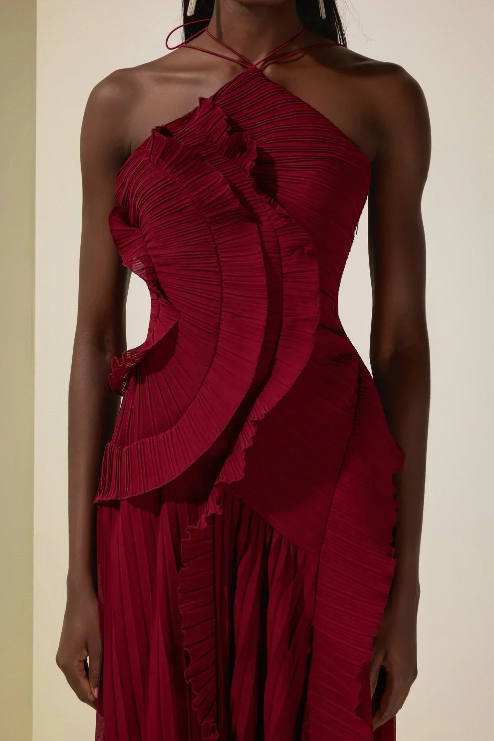 Pleated Frill Halter Neck Midi Dress
