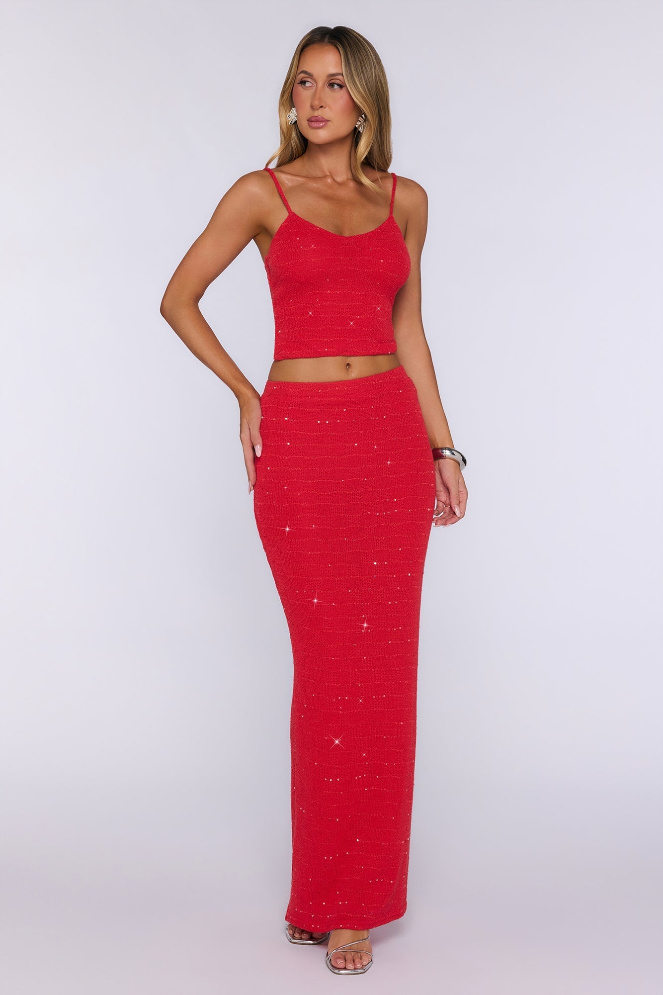 Raised Glasses Sequin Knit Maxi Skirt - Red