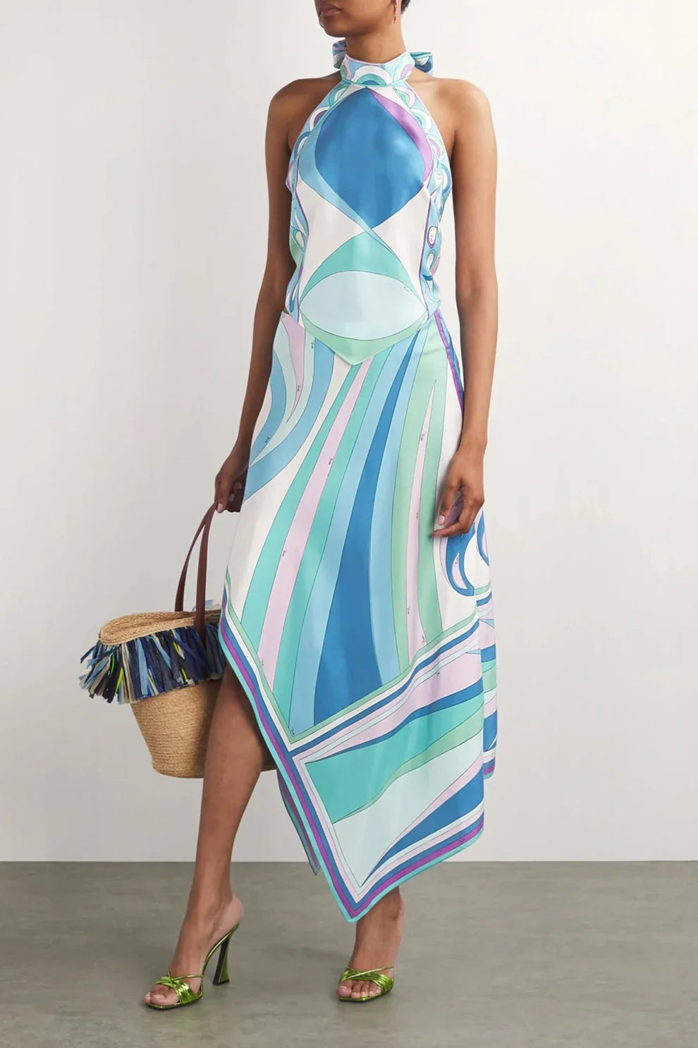 Satin Halter Neck Mini Top & Scarf Print Mid Waist Midi Skirt Set