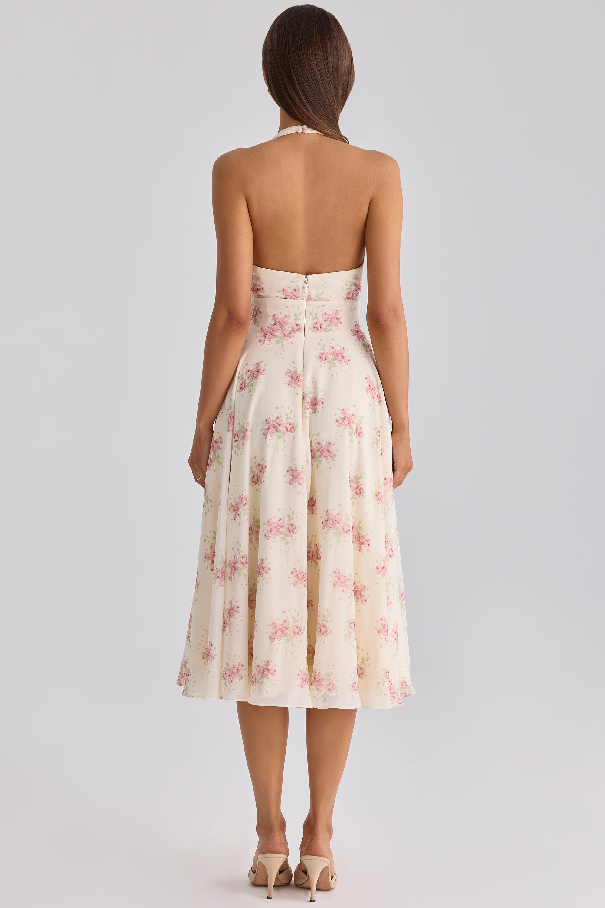 Ivory vintage rose print georgette midi halter dress