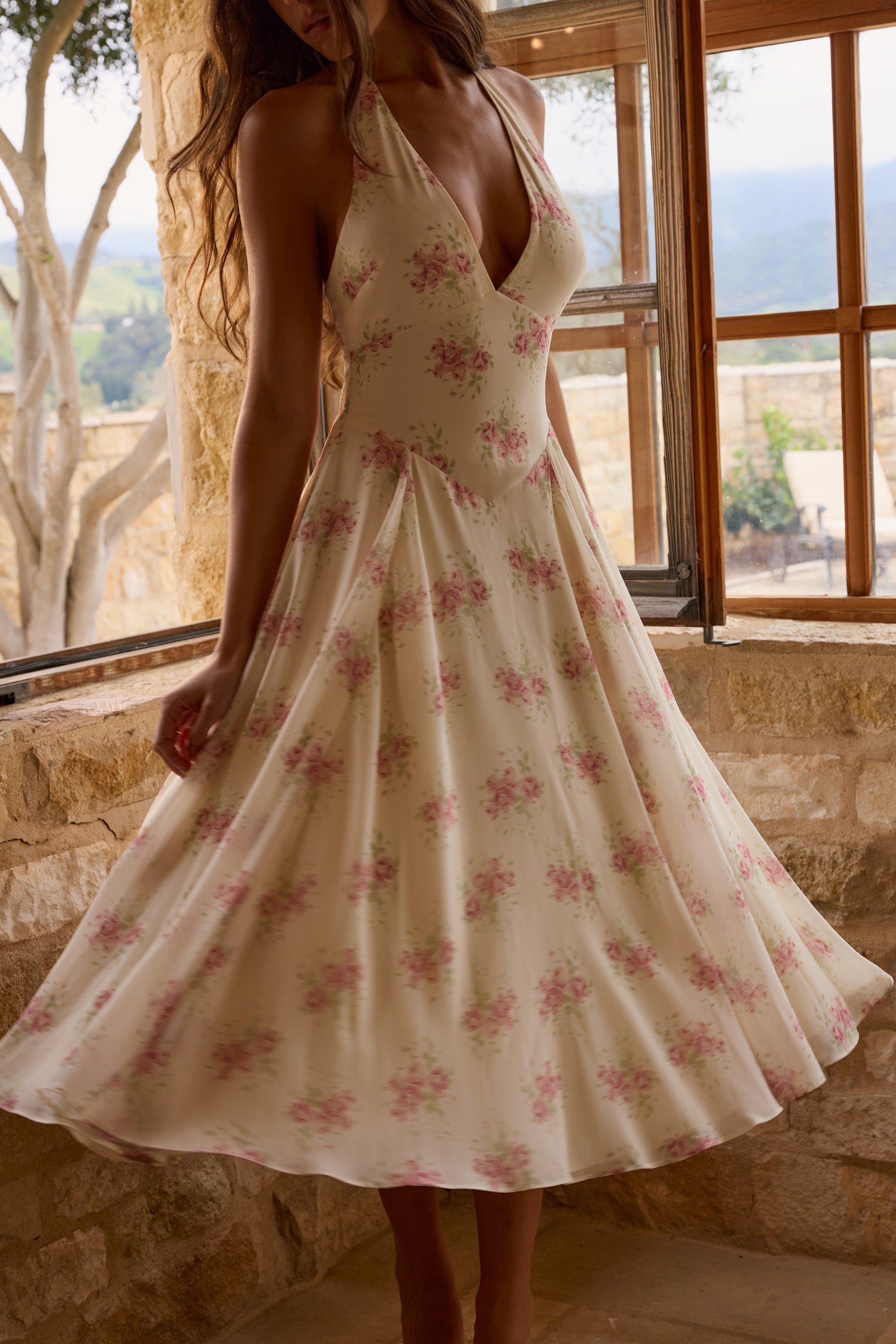 Ivory vintage rose print georgette midi halter dress